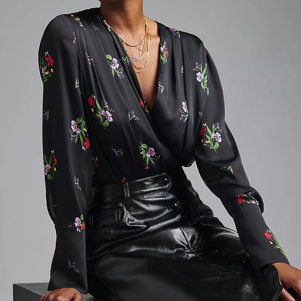 Favorite Daughter Surplice Satin Floral Bodysuit Black Multi XS